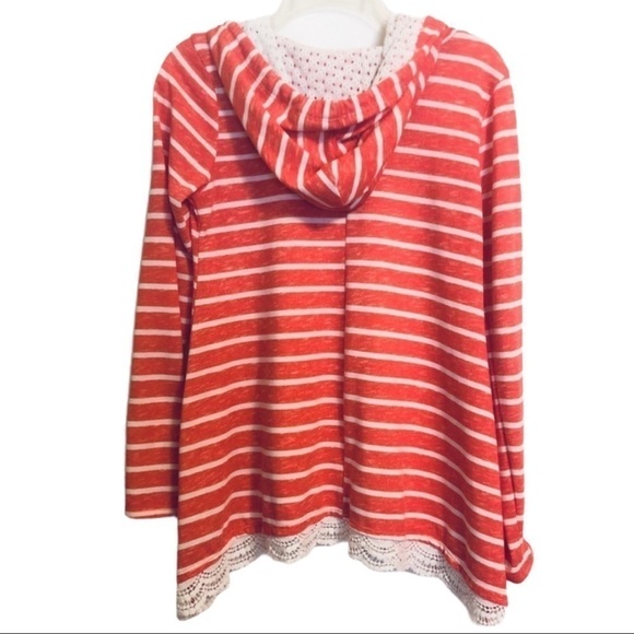 Self Esteem Coral & White Striped Hoodie Lace Casual Top Size M - Picture 2 of 4